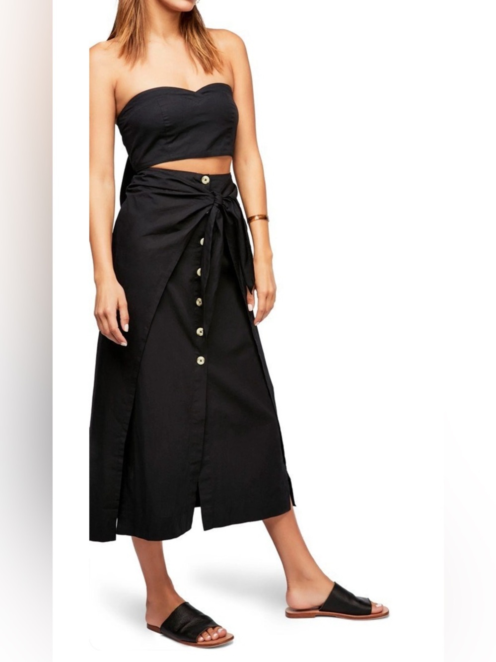 Free People Black 100% Cotton Button Front Tie Midi Sarong Skirt Size Medium